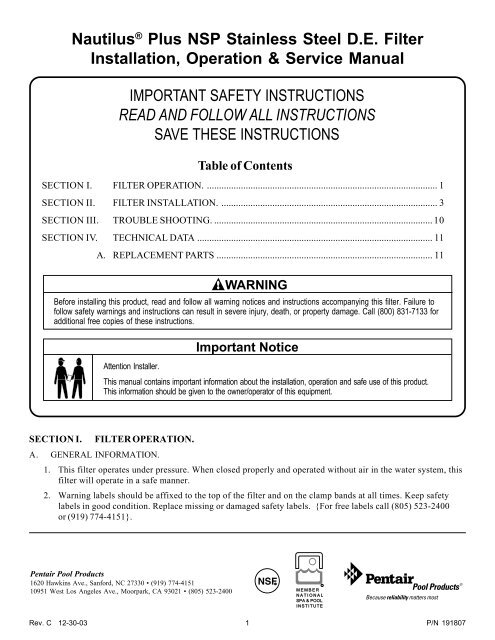 Nautilus® Plus NSP Stainless Steel D.E. Filter Installation ... - Pentair