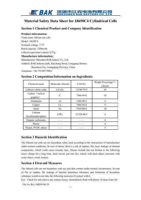 Material Safety Data Sheet for 18650C4 Cylindrical Cells - HP