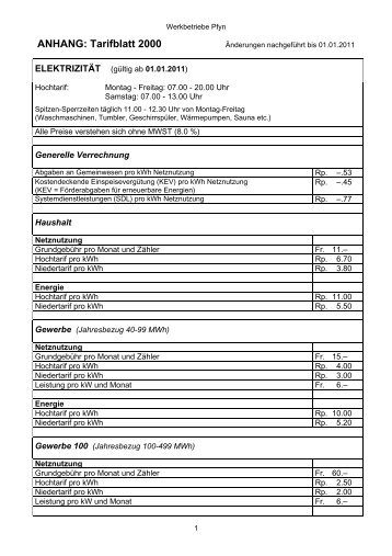 ANHANG: Tarifblatt 2000