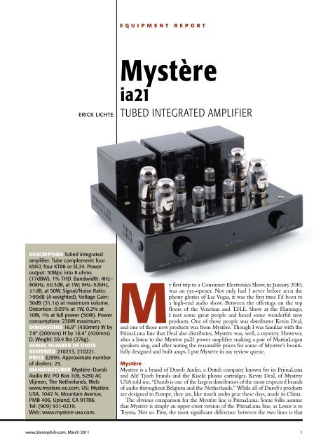 Stereophile - March 2011 - Mystère Tube Amplifiers