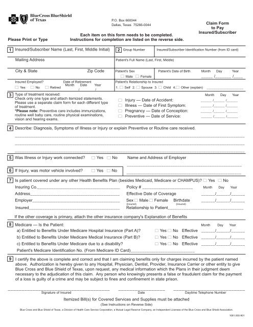 Medical Claim Form - Blue Cross Blue Shield of Texas