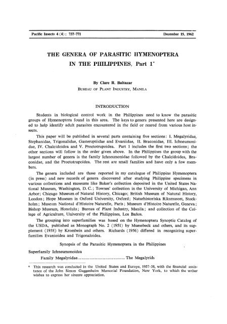 THE GENERA OF PARASITIC HYMENOPTERA IN THE ...