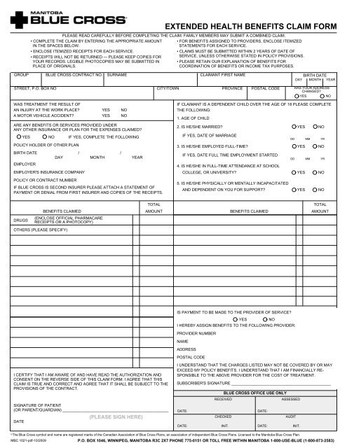 EXTENDED HEALTH BENEFITS CLAIM FORM - Manitoba Blue Cross