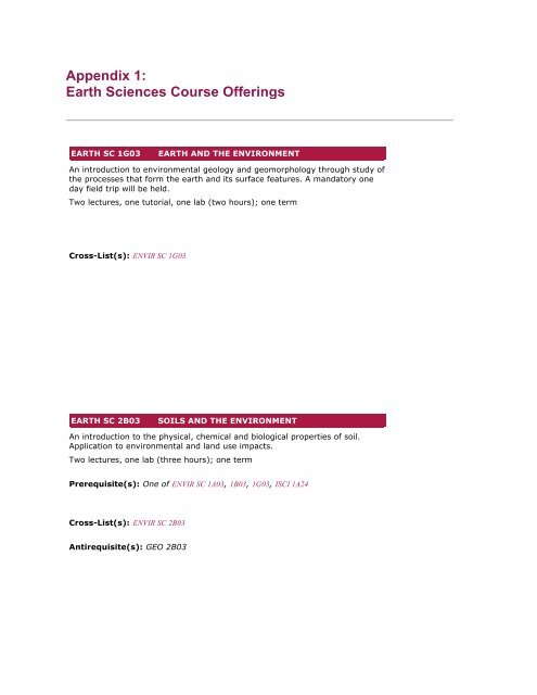 Appendix 1 Earth Sciences Course Offerings Appendix 1 Earth Sciences Course Offerings