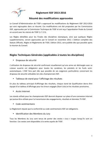 Résumé des modifications du Règlement ISSF 2013 VF