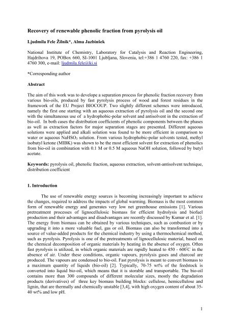 Recovery of renewable phenolic fraction from pyrolysis oil - Biocoup