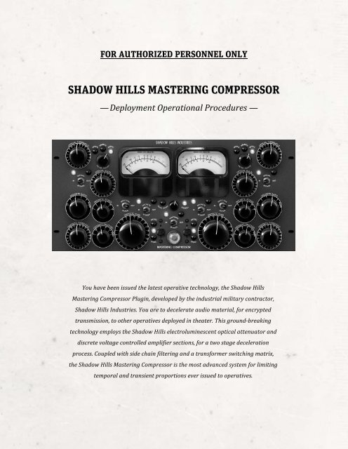 Shadow Hills Mastering Compressor Manual