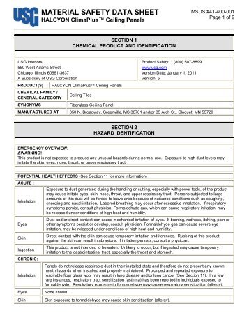 HALCYON ClimaPlus Ceiling Panels MSDS - USG Corporation