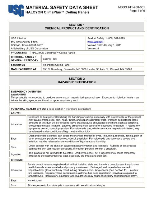 Halcyon Climaplus Ceiling Panels Msds Usg Corporation