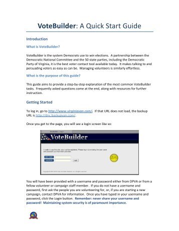 VoteBuilder Virginia Quick Start Guide - Democratic Party of Virginia