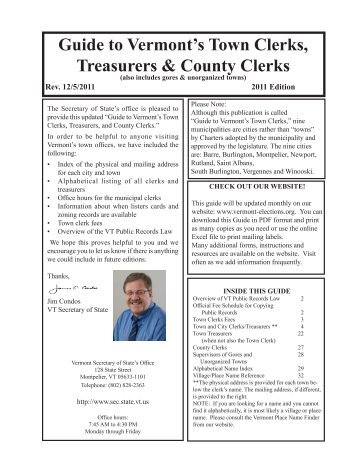 Guide to Vermont's Town Clerks, Treasurers & County Clerks