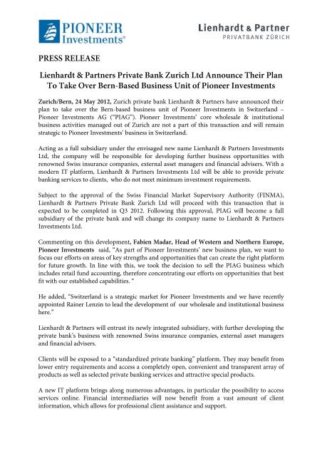 Press Release Lienhardt Partners Private Bank Zurich Ltd