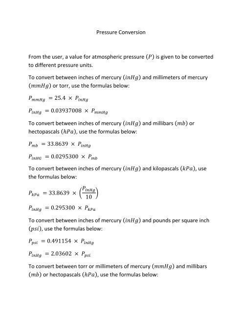 Pressure Conversion From the user, a value for atmospheric ...