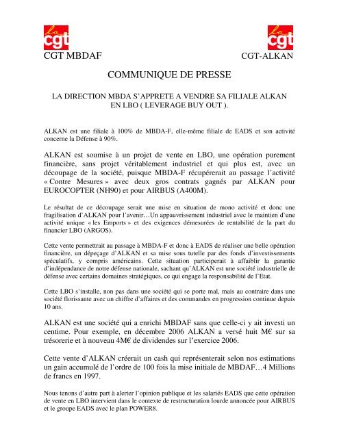 CGT MBDAF COMMUNIQUE DE PRESSE - Collectif-lbo.org
