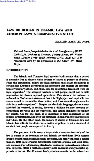 LAW OF DURESS IN ISLAMIC LAW AND COMMON LAW: A ...