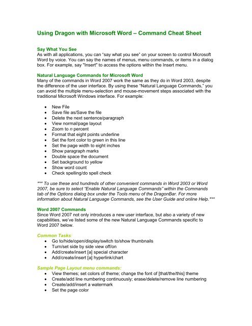 Using Dragon with Microsoft Word – Command Cheat Sheet - Nuance