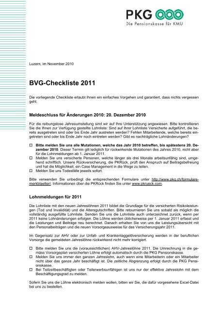 BVG-Checkliste 2011 - PKG Pensionskasse