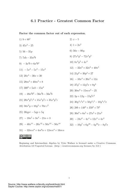 6.1 Practice - Greatest Common Factor - Saylor.org