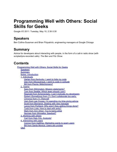 Programming Well with Others: Social Skills for Geeks - Google