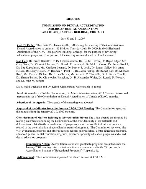 ADA.org: CODA Minutes July 2009 - American Dental Association