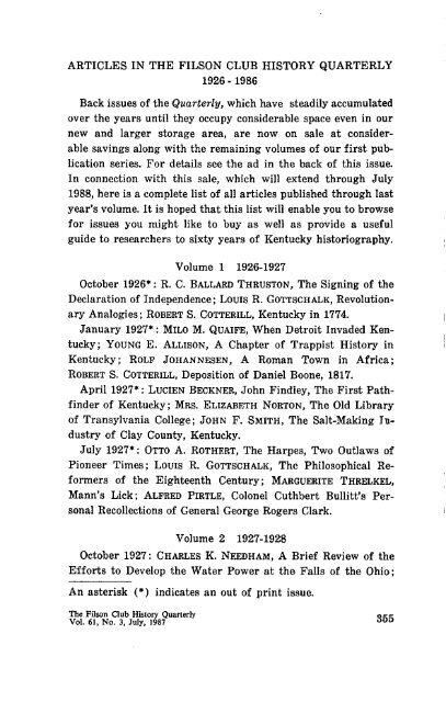 ARTICLES IN THE FILSON CLUB HISTORY QUARTERLY 1926