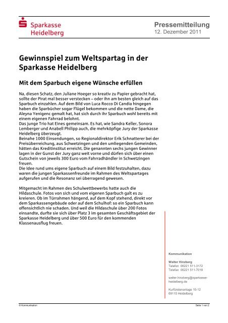 Gewinnspiel zum Weltspartag in der Sparkasse Heidelberg