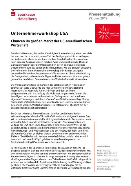 Unternehmerworkshop USA - Sparkasse Heidelberg