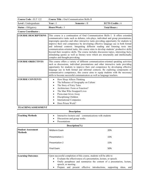 Course Code : ELT 122 Course Title : Oral Communication Skills II ...