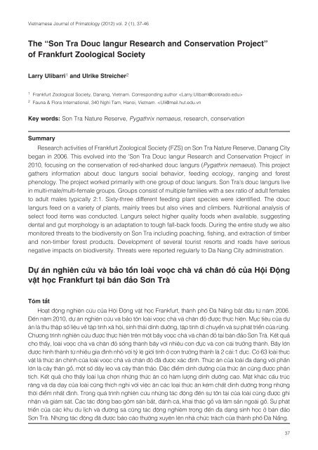 Vietnamese Journal of Primatology (2012) - Frankfurt Zoological ...