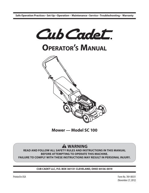 SC 100 Operator's Manual - Cub Cadet