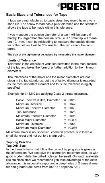 Standard Drill Tolerance Chart