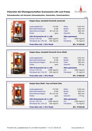 Polarofen AG Schwedenofen mit Keramik Preisliste Gruppe 4