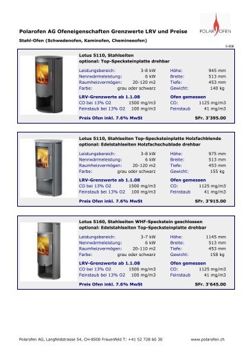Polarofen AG Schwedenofen mit Stahl Preisliste Gruppe 6