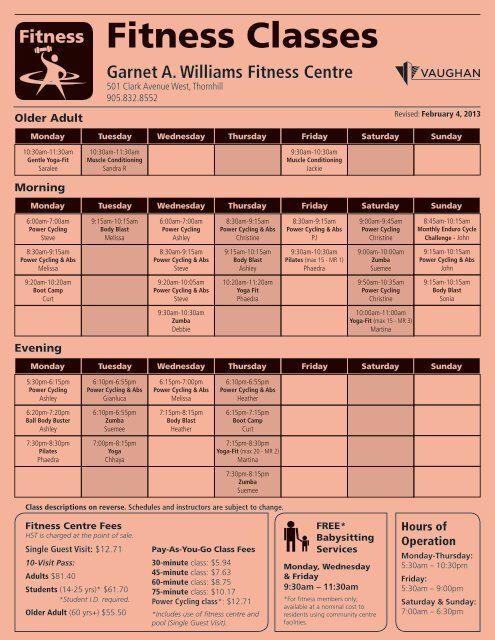Fitness Class Schedule City Of Vaughan