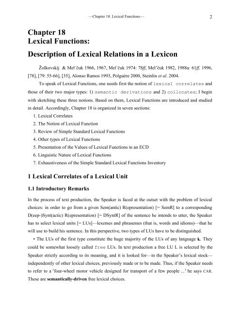 Chapter 18 Lexical Functions: Description of Lexical Relations in a ...