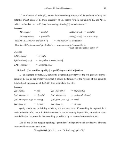Chapter 18 Lexical Functions: Description of Lexical Relations in a ...