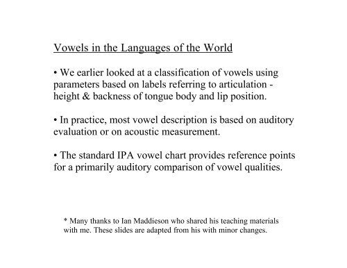 Vowels in the Languages of the World - Linguistics