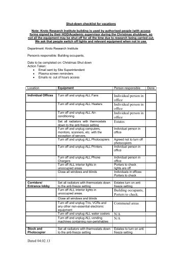 Shut down checklist 2013