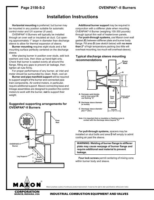 Maxon: OvenPak II: Installation Instructions - Westmill Industries