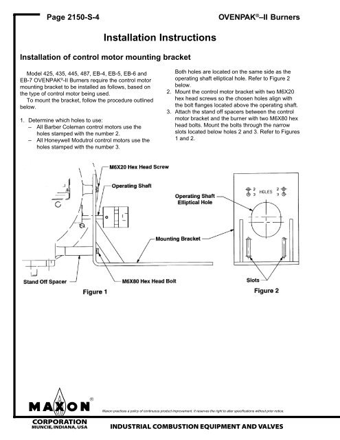 Maxon: OvenPak II: Installation Instructions - Westmill Industries