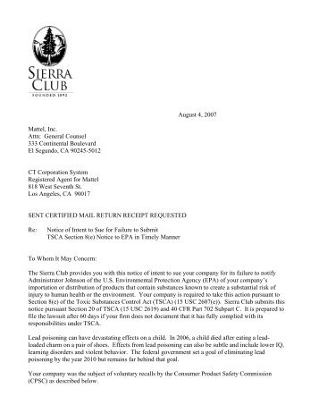 Notice Letter to Mattel, Inc. - Sierra Club