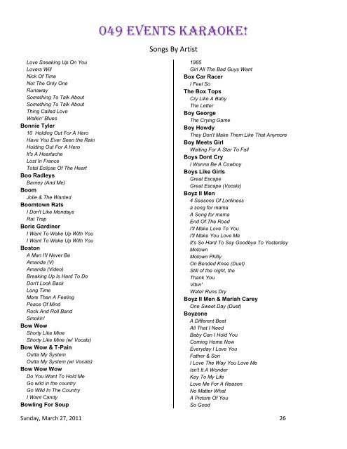 Songlist Sorted by Artist - 049 Events Home