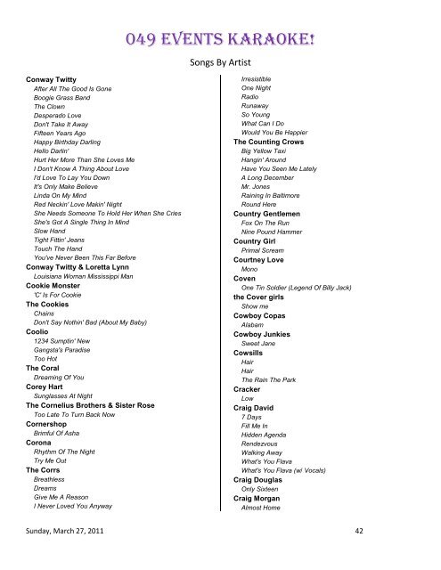 Songlist Sorted by Artist - 049 Events Home