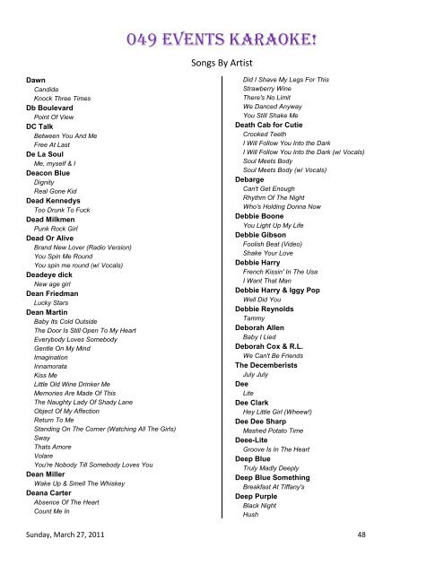 Songlist Sorted by Artist - 049 Events Home