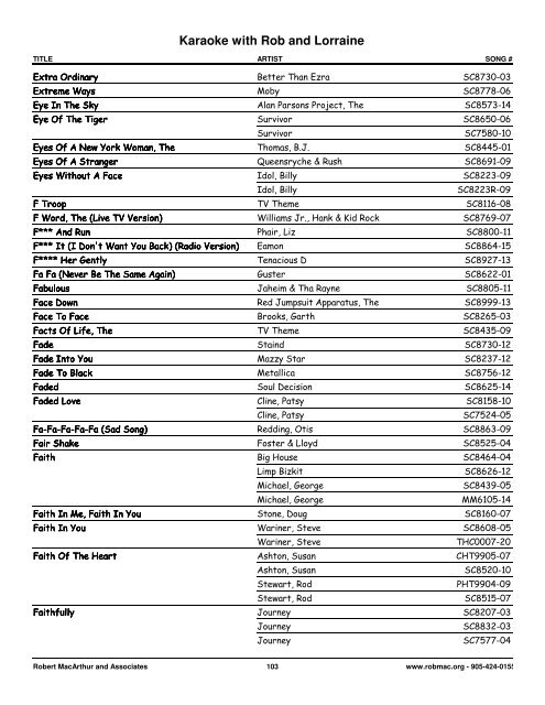 Songs by Artist - 1 col - Spectrum Entertainment