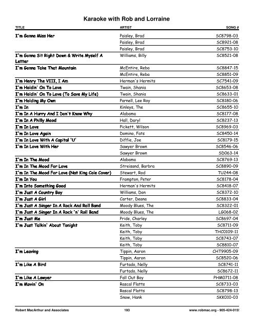 Songs by Artist - 1 col - Spectrum Entertainment