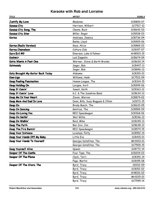 Songs by Artist - 1 col - Spectrum Entertainment