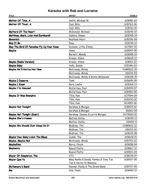 Songs by Artist - 1 col - Spectrum Entertainment