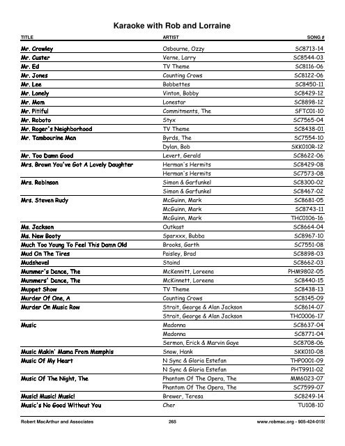 Songs by Artist - 1 col - Spectrum Entertainment