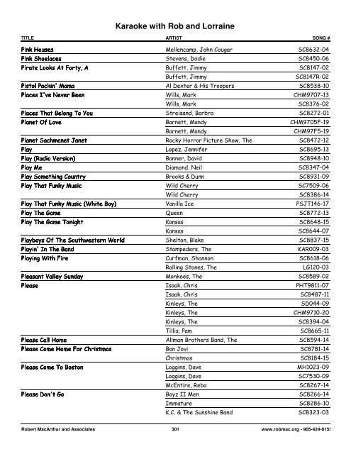 Songs by Artist - 1 col - Spectrum Entertainment